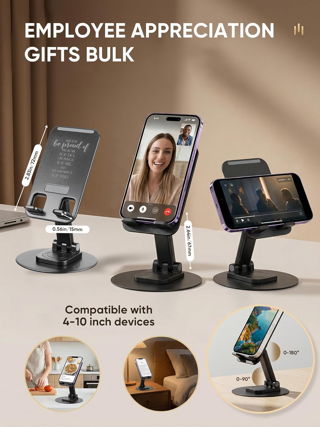 20 Pcs Employee Appreciation Gifts Bulk 360 Rotating Phone Stand for Desk, Cell Phone Holder with Inspiring Quote Thank You Gift for Worker, Teachers, Nurses (Work Pride)