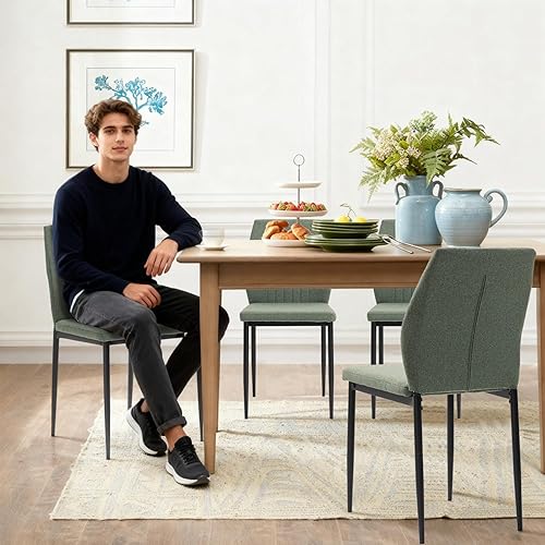 Miniatura 5 de Juego de 4 sillas de comedor, sillas de comedor tapizadas de madera, sillas de cocina de tela moderna de mediados de siglo con patas de metal, tela