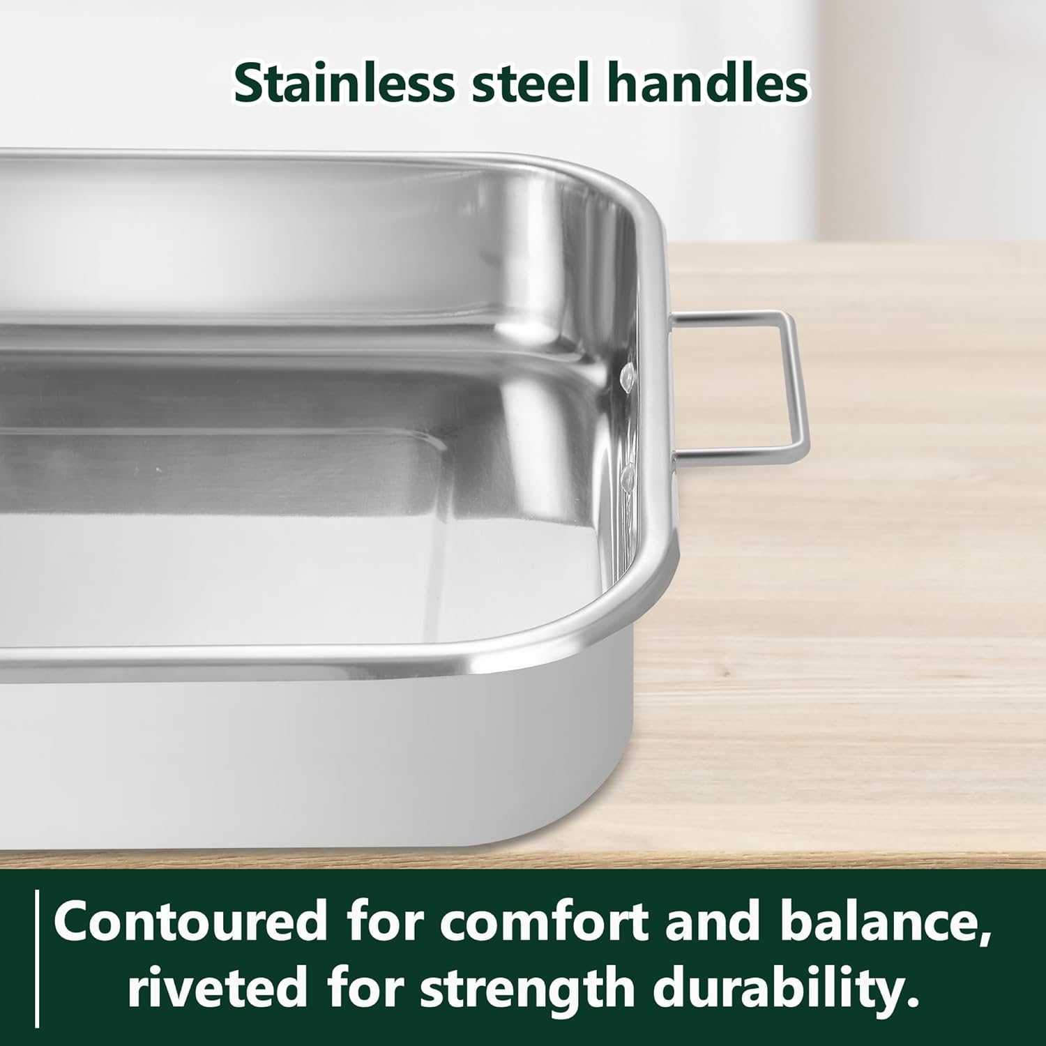 stainless steel roasting pan with rack and handles on countertop