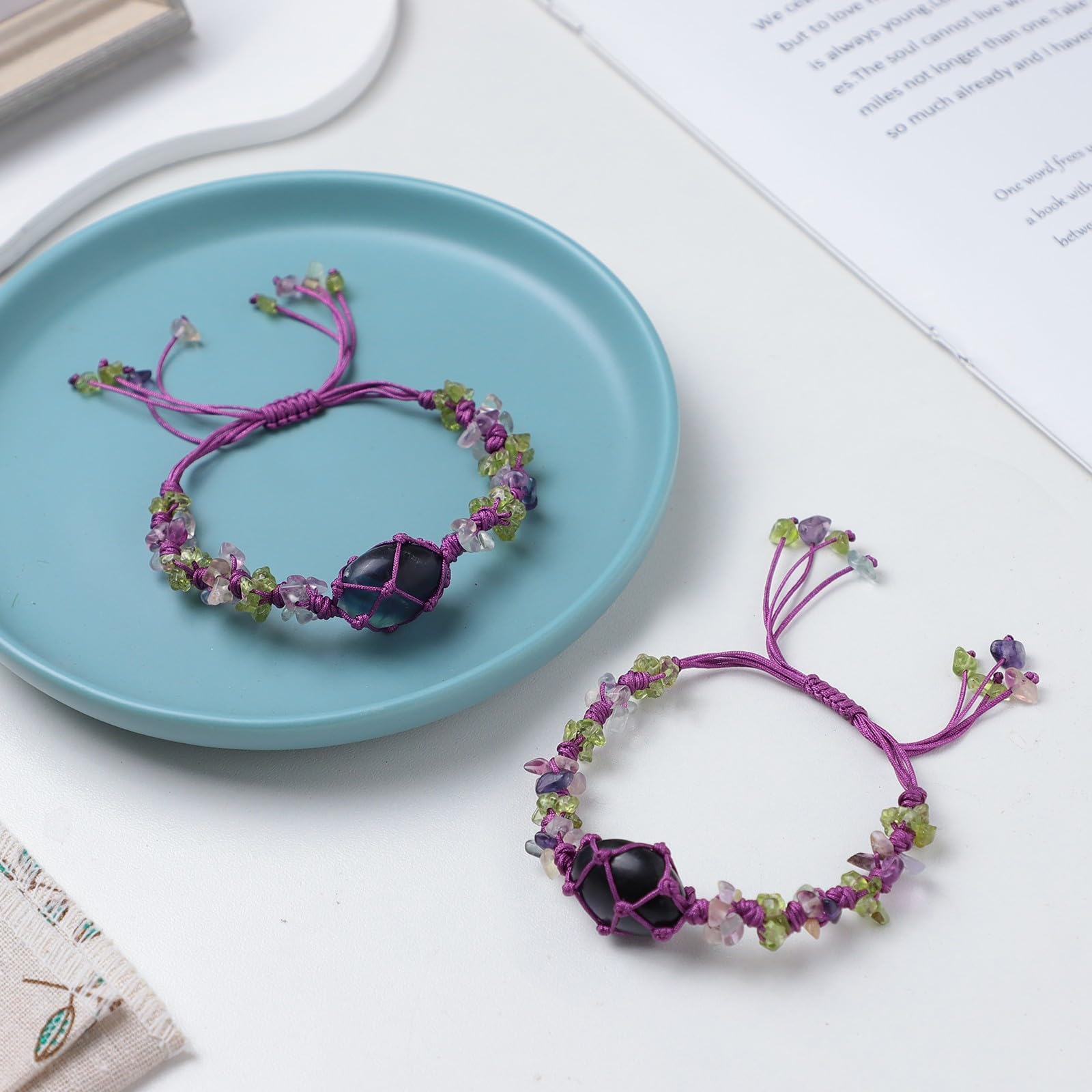 KYEYGWO Natural Crystal Chips Bracelet Boho Woven Knotted Braided Crystal Holder Bracelets Trendy Chakra Jewellery Gift for Women Men Fluorite & Olivine - Image 3