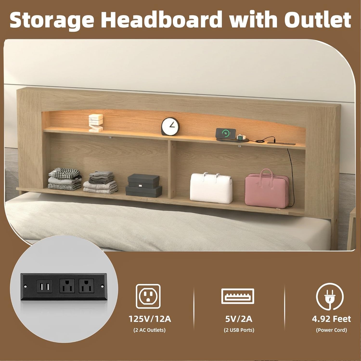 Queen Size Headboard Only Modern Sturdy Wooden Bed Backboard Wall Mounted Head Board, 3 Storage Zones, Unique Skirting Groove, High Load Capacity with Solid Wood Leg (Oak, Queen)