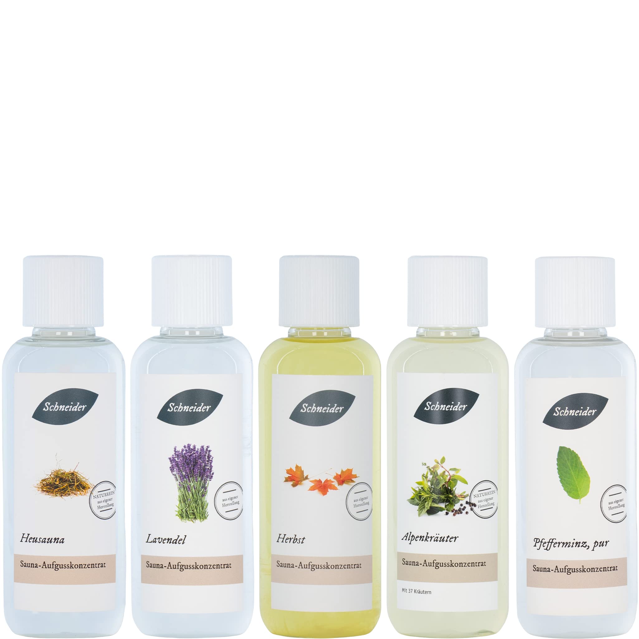 Saunabedarf Schneider - Aufgussset Feel Free 5 x 250 ml Inhalt - blumig-erdiger Saunaaufguss - wohltuender Mix