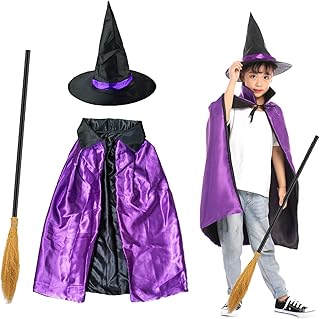 Medoore 3 Pieces Halloween Witch Costume Set Witch Costumes Accessories Set Halloween Wicked Witch Broom Hats Cloak for Halloween Witch Cosplay Favors Costume Party Supplies