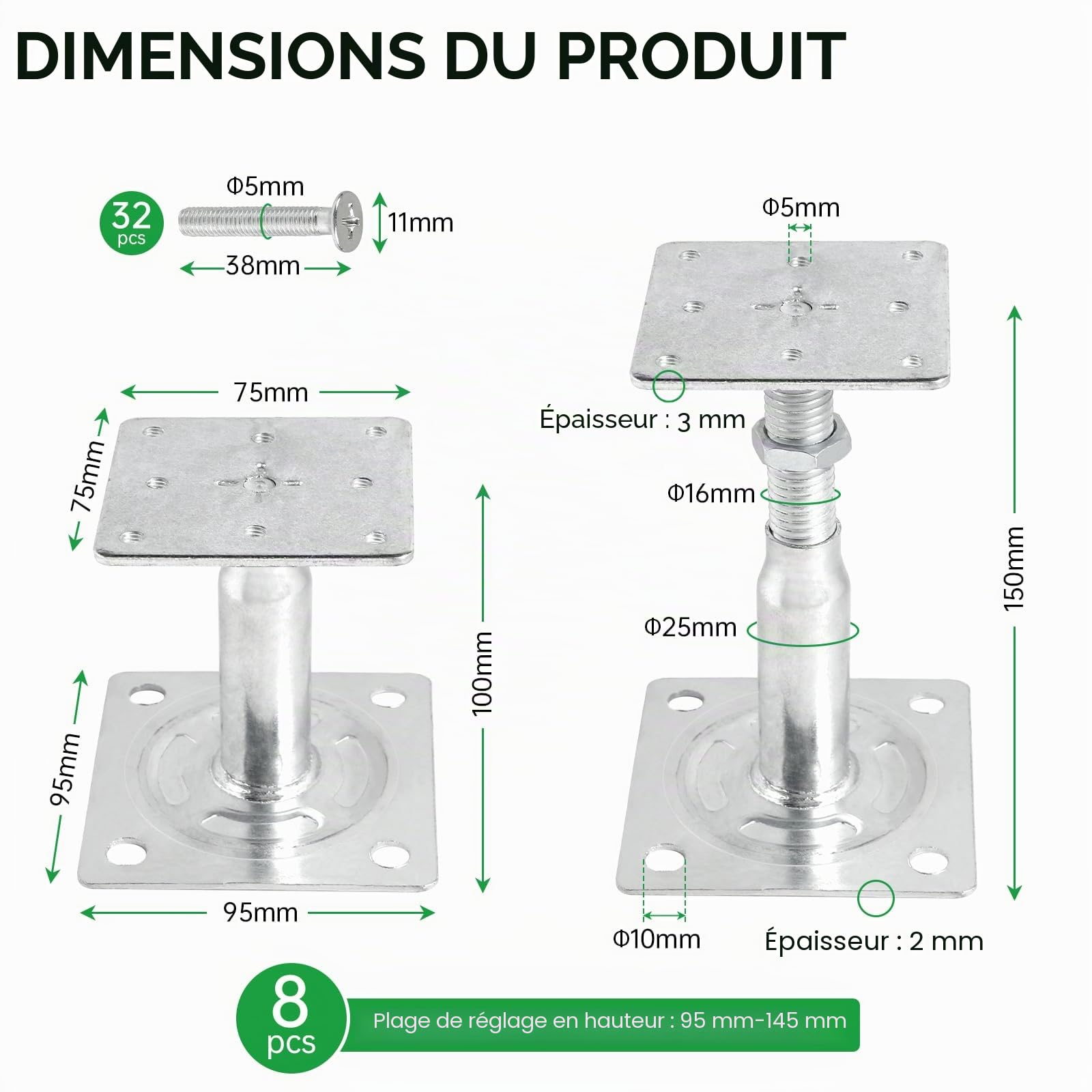 EXLECO 8pcs Supports de Poteau Réglables en Hauteur 100mm-150mm, Galvanisés