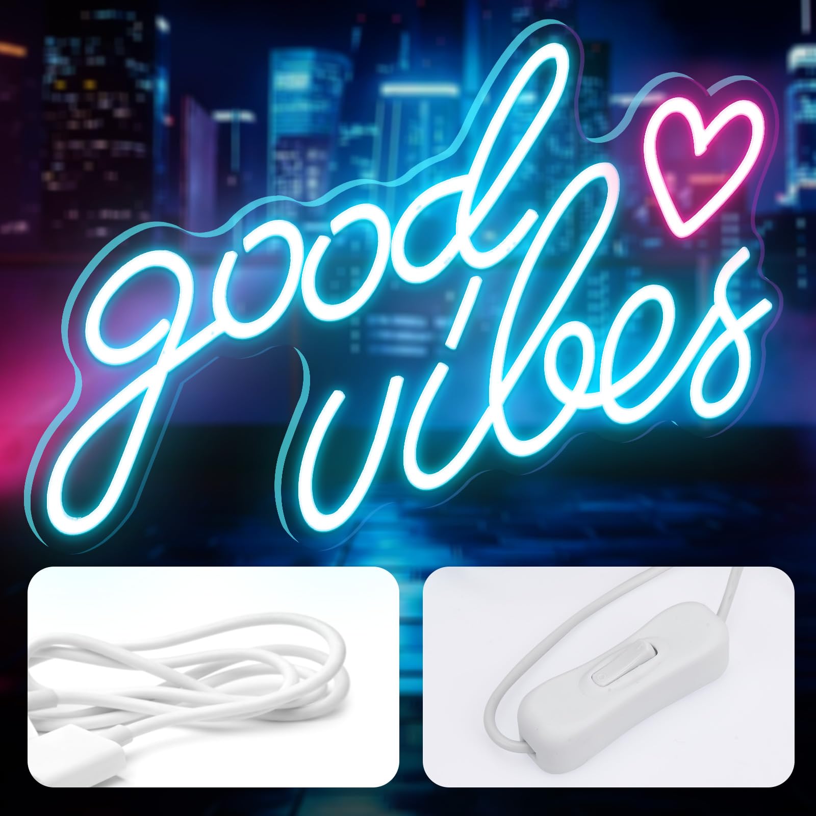Blue Good Vibes Néon Led, Néon Mural Lettre Usb, Pour Chambre à Coucher, Chambre D'Enfant, DéCoration Murale, Bar, Mariage, FêTe
