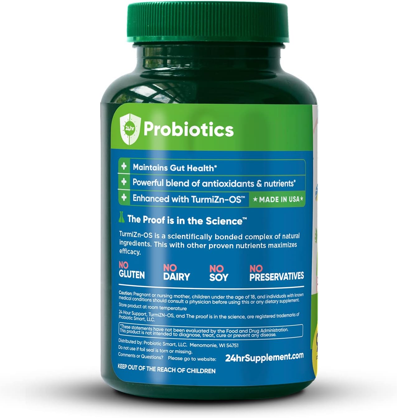 24hr Supplement Probiotics for Men & Women, Prebiotic + Acidophilus Probiotic | Daily Gut Support | Digestive Health | TurmiZn-OS Benefit | Dairy, Gluten & Soy Friendly | Made in USA - 90 Capsules