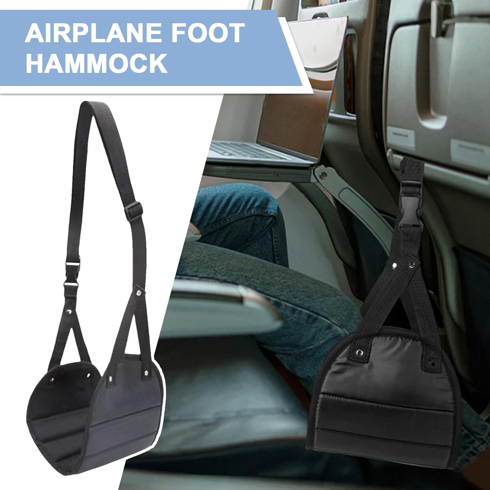 Airplane Foot Hammock, Adjustable Height Travel Foot Sling, Portable Feet Rest Hanger Soft Pad Support, Ideal for Long Flights, Car Travel, Train Commute, High-Speed Rail Comfort, 49x43.5cm Black