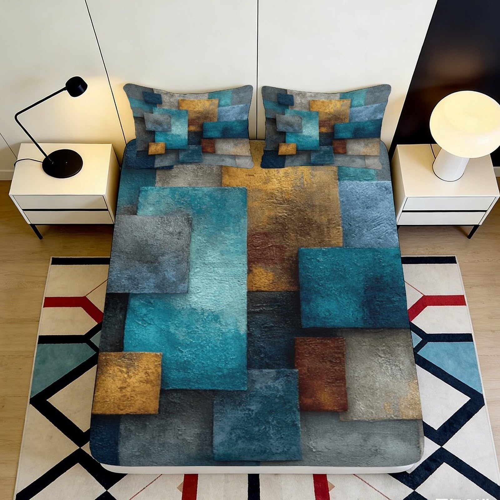 3D Printed Geometric Pattern Fitted Sheet Microfiber Soft Breathable Abstract Block Bed Cover for Bedroom Dormitory Guest Room Mattress Protection 90x200x25cm