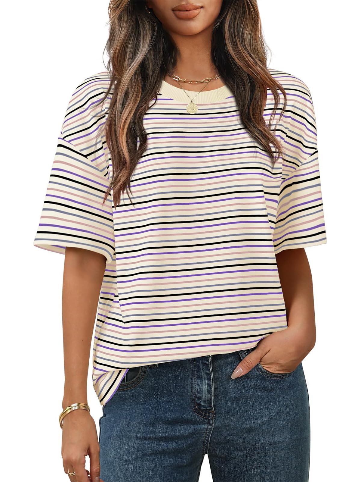 Cuptacc Tshirt Damen Rundhals Oversize Tunika Kurzarm Oberteile Damen Sommer Locker T Shirt Bunt Gestreiftes Elegant Top