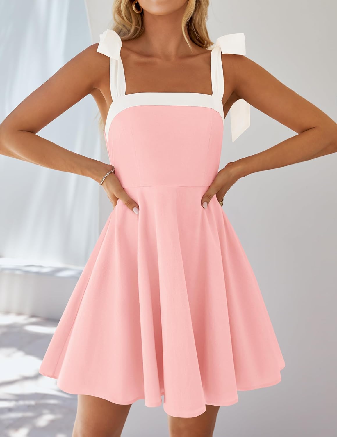 ZESICA Womens Summer Sleeveless Mini Dress Tie Shoulder Square Neck High Waist Swing A Line Short Sundresses - Image 7