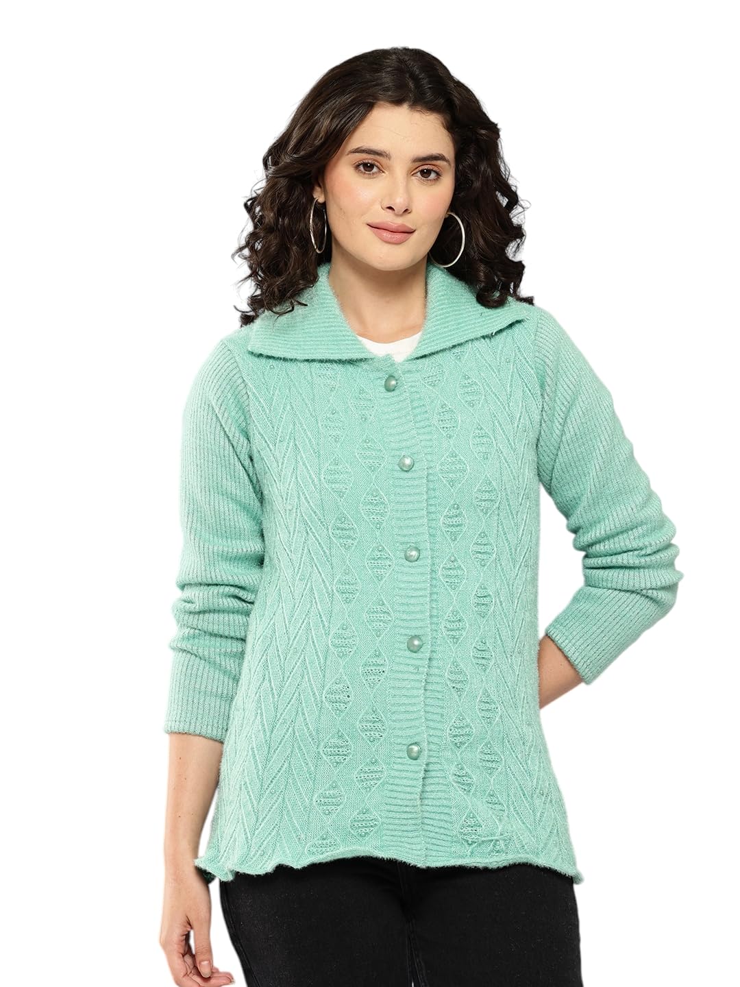 aarika Womens Winter Wear Sea Green Colour Embellished Woolen Cardigan-picture-49