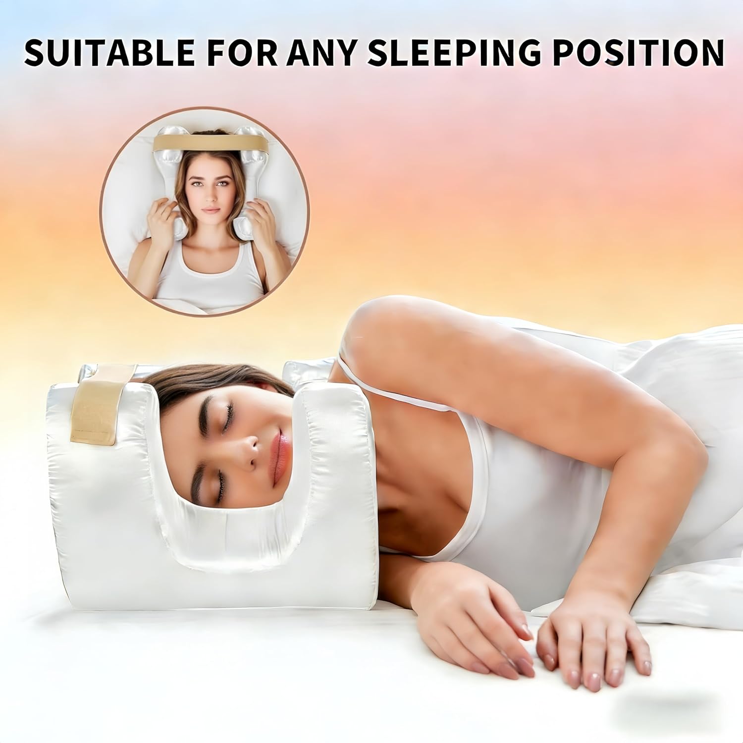 Face Pillow for Wrinkles, Anti Wrinkle Pillow with Cooling Silk Pillowcase, Beauty Pillow for Sleeping Face Down and Back Sleeping (White)