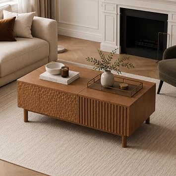 Modern Coffee Table with Storage, Wood Finish, Textured Panel Design, Mid-Century Style, Living Room Furniture (Walnut, 130 * 70 * 48cm)