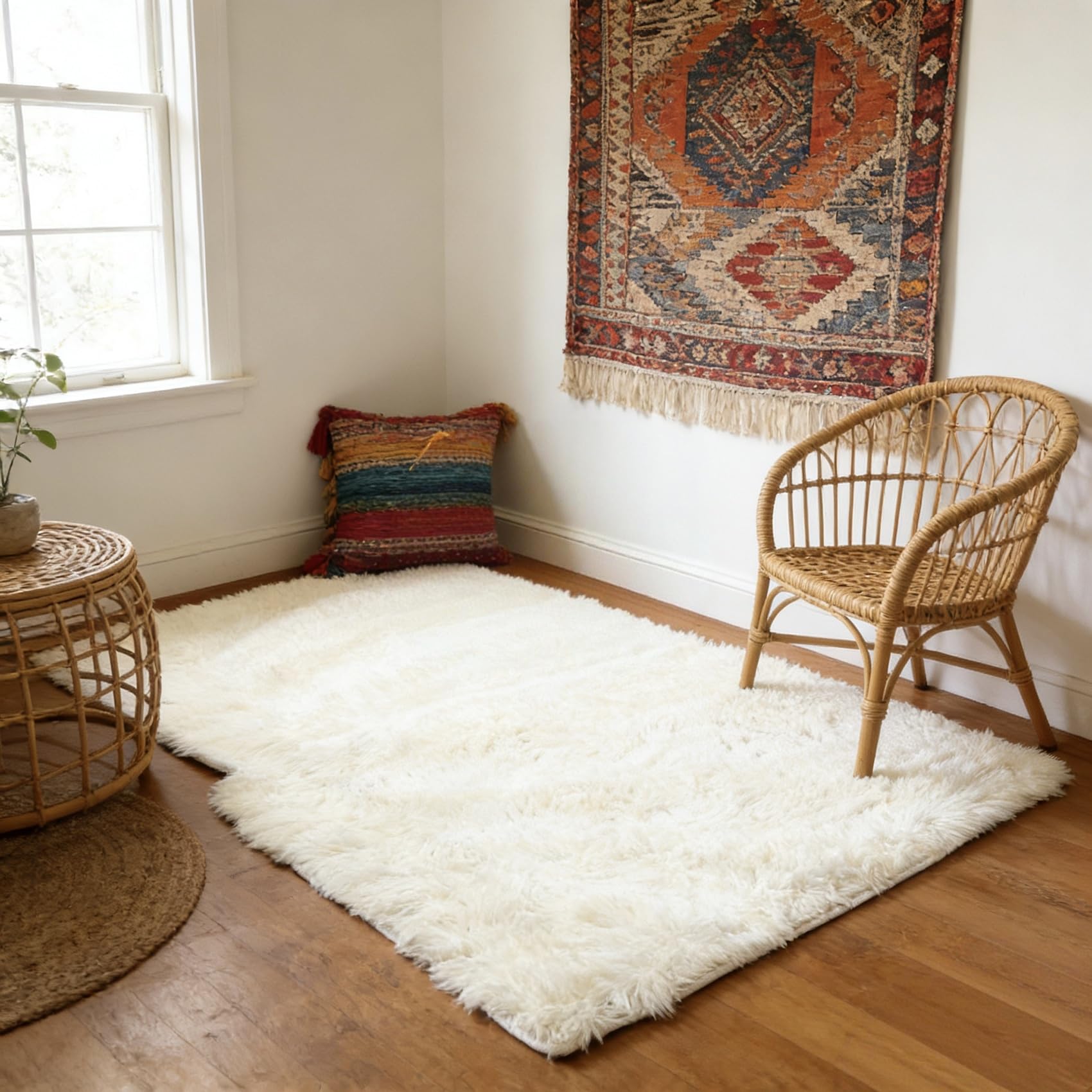 Tapis de salon moderne 110 x 180 cm blanc et grand tapis de chambre shaggy élégant