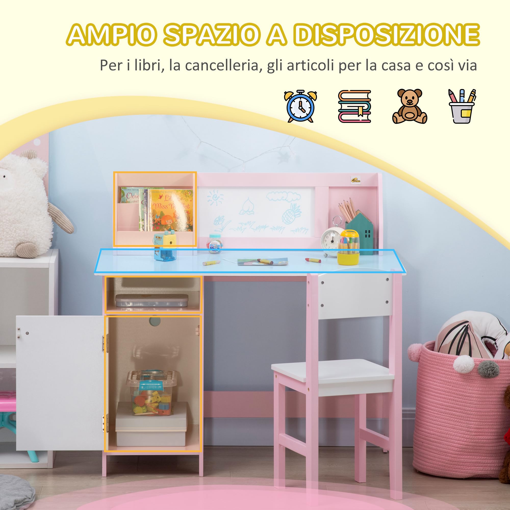HOMCOM Set Tavolo e Sedie per Bambini 5-8 Anni in Legno con Banco Scuola, Set di Mobili per Bambini con Spazio Portaoggetti e Lavagna Bianca e Sedia, Bianco e Rosa