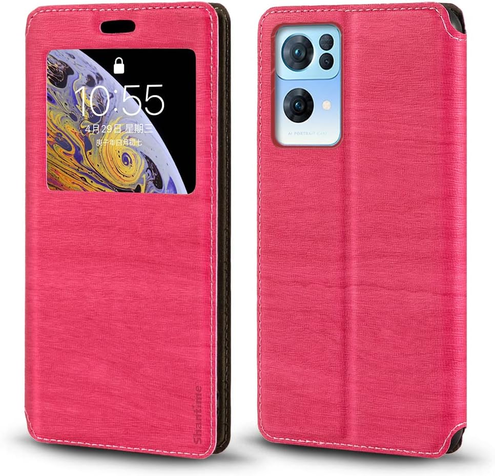 Viewable Window Leather Flip Case Compatible with OPPO Reno 7 Pro 5G, Elegant Design Clear Display Invisible Magnetic Cover and Card Slot(Rosered)