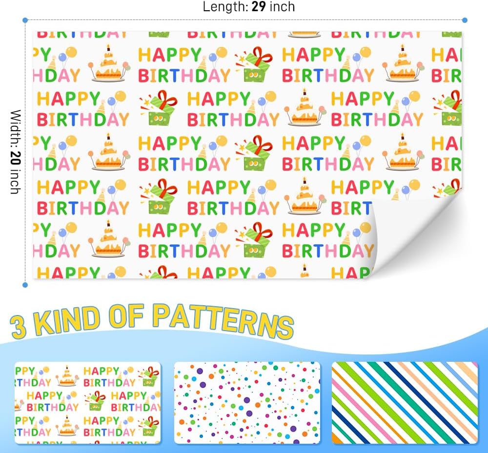 Isaspire Birthday Wrapping Paper Folder Set - 12 Sheets, 20x29 Inch Each, Adorned with Polka Dots, Stripes & 'Birthday' Charms for Boys, Girls, Women, Men, Ideal Gift Wrap for Holiday Party