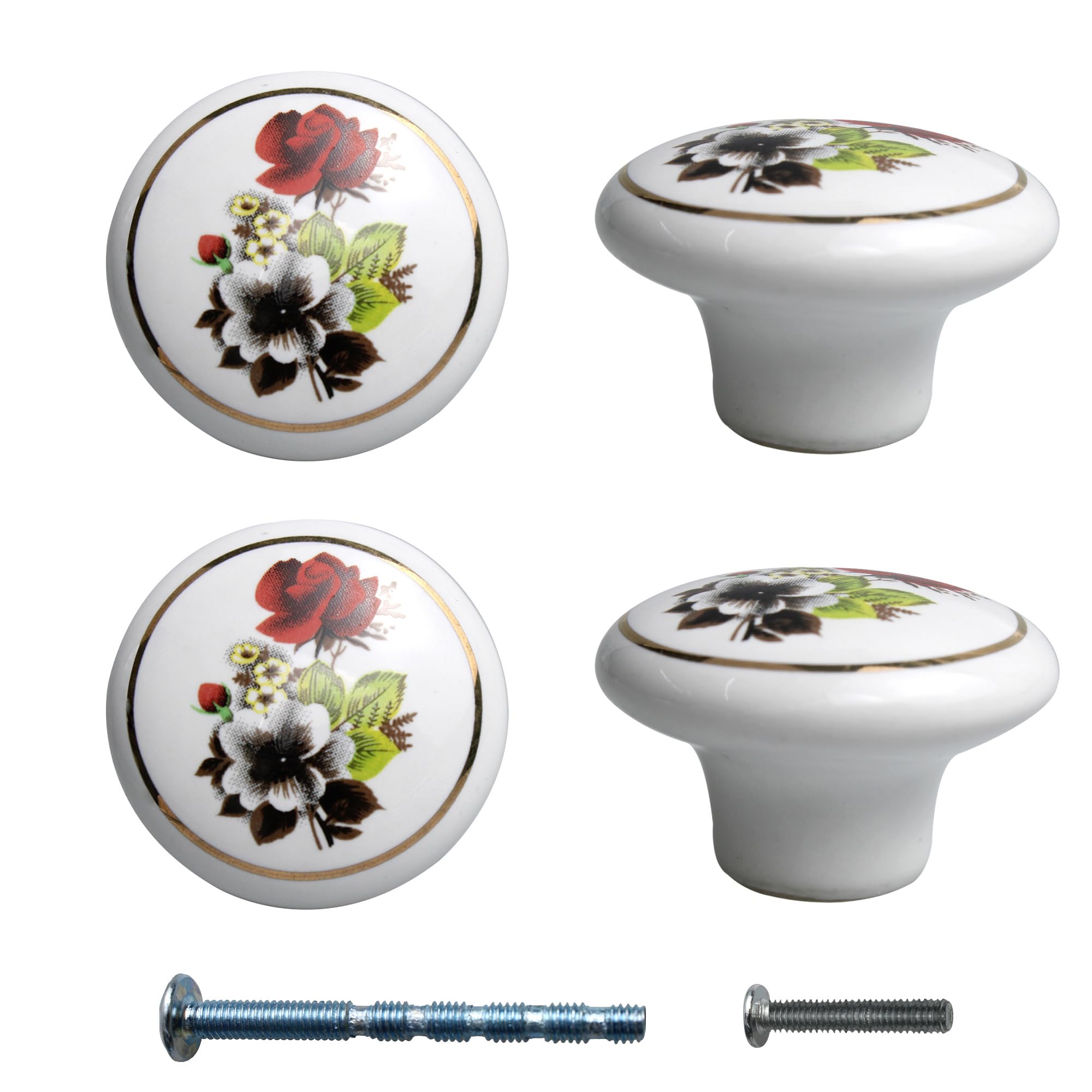 Runseaway 4PCS 1-1/2 inch Hand Painted Ceramic Knobs, Ceramic Flower Cabinet Knobs, Vintage Dresser Drawer Handle Pulls for Closet Cupboard Wardrobe(Red Rose)