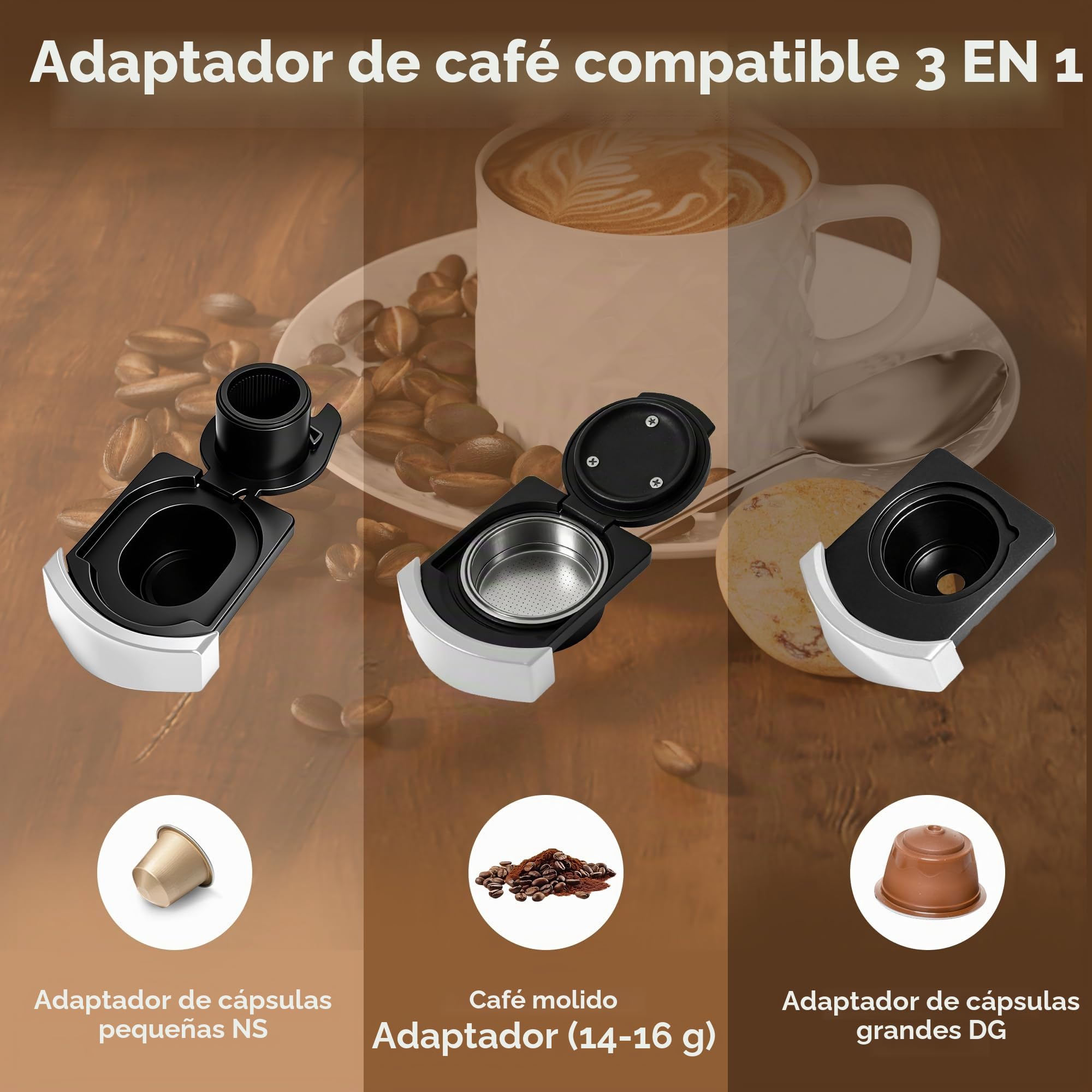Cafetera Expresso 3 en 1, 20 Bares, Cafetera Multicápsulas Compatible con NES Original/DG/Café Molido, 7 niveles de volumen y temperatura ajustable, para Hogar y Oficina (Blanco)
