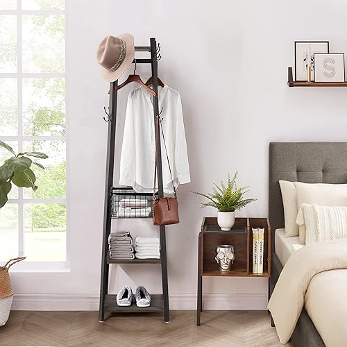 Miniatura 9 de VECELO Perchero independiente, soporte de ropa de entrada con cesta de metal y 2 estantes, árboles de pasillo mejorados con 8 ganchos dobles para