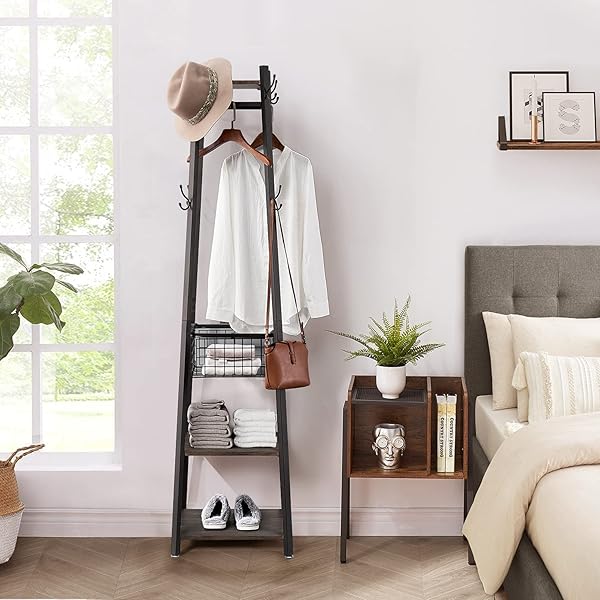 VECELO Coat Rack Freestanding, Entryway Clothes Stand with Metal Basket and 2 Shelves, Upgrade Hall Trees with 8 Dual Hooks for Bags, Hats, and Umbrellas, Industrial Styles, Vintage Brown+ Black