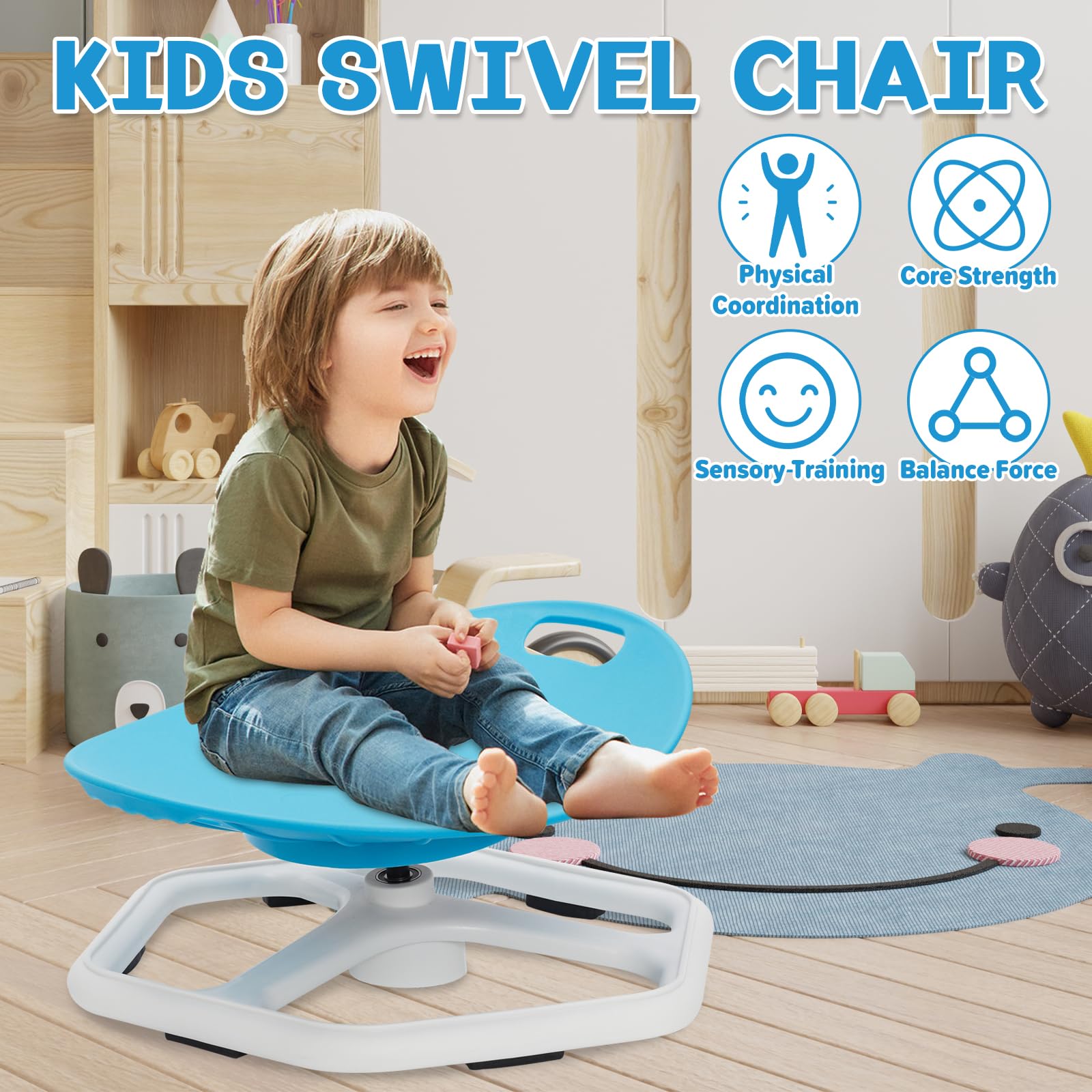 Drehstuhl Kinder Autismus mit Griff,Sensorik Spielzeug | Sensorik Drehstuhl für Autismus,360° Leiser Drehstuhl zur Förderung von Gleichgewicht und Koordination, Blau