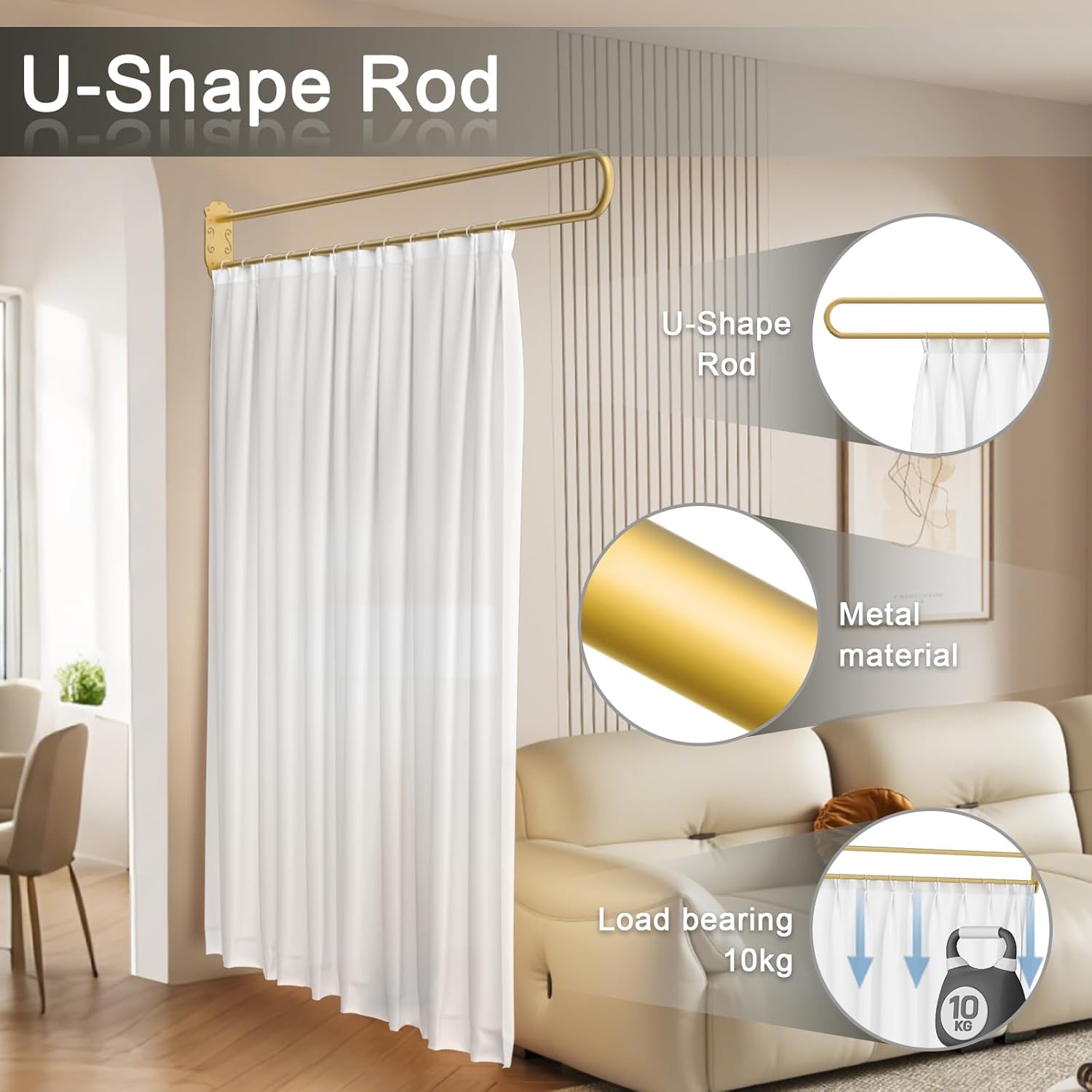 Privacy Partition Curtains with U-Shaped Rod, Metal Support Single Wall Mounted Curtains, 6.56ft White Flat Hooks Medical Curtain for Fitting Room Beauty Salon Bedroom
