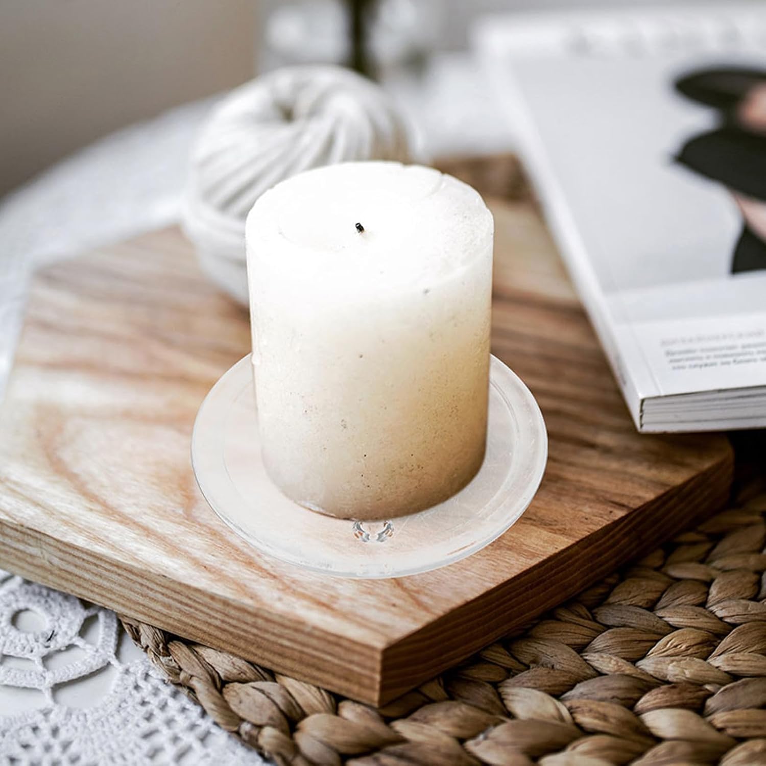 4pcs Round Glass Candle Holder Tray Set with Wax Catching Feature and Multipurpose Organization for Bathroom Counter or Coffee Table Decor