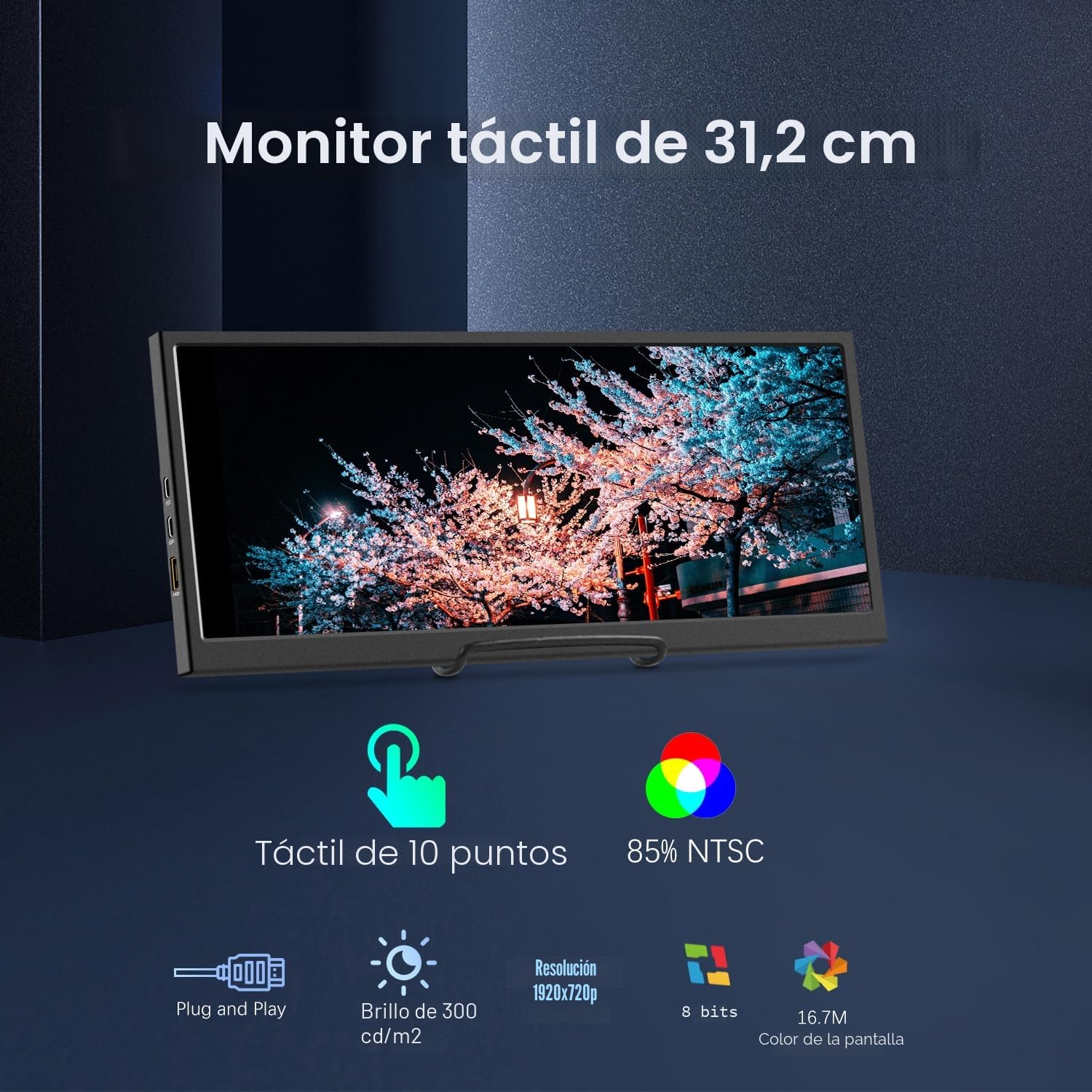 Prechen Pantalla táctil Monitor portátil, Monitor HDMI IPS 1920 x 720 de 12.3 Pulgadas con Soporte Plegable/Dos Altavoces, Adecuado para Carcasa de PC DIY Y60, Panel de Monitor secundario GPU CPU
