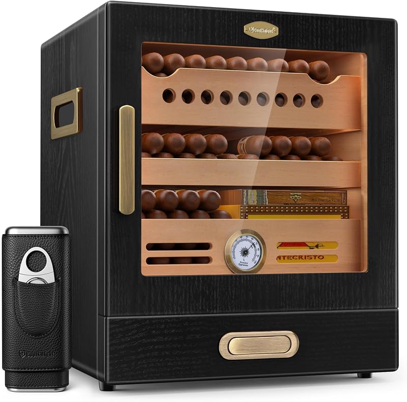 Cigar Humidor Cabinet, Cigar Cabinet Humidor with Spanish Cedar Wood Drawer, Precision Hygrometer, 2 Humidifiers, Cigar Accessories Drawer and Travel Cigar Case, Christmas for Cigar Lovers