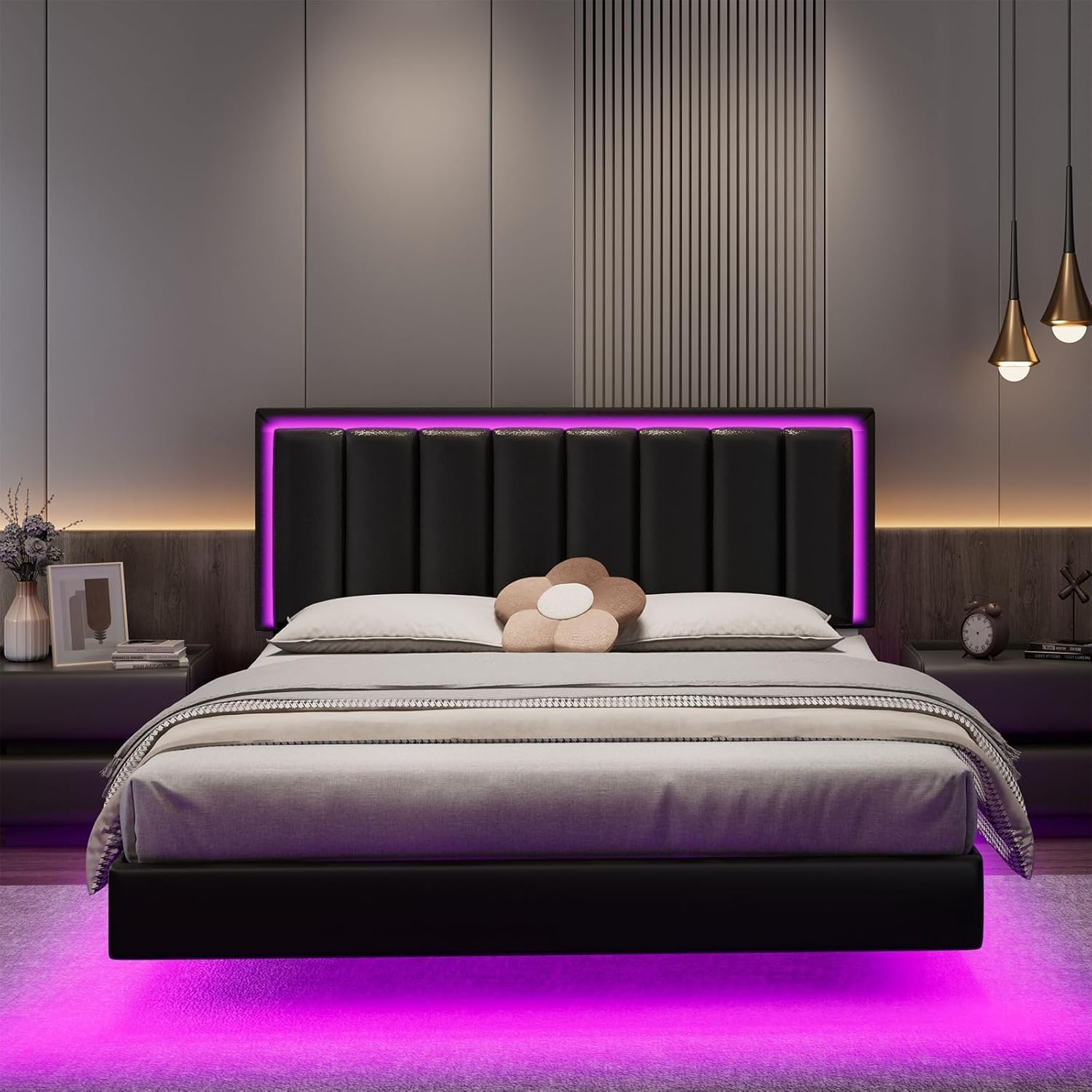 IMMERSTABLE Queen Floating Bed Frame with purple LED lights and a remote control and phone app interface