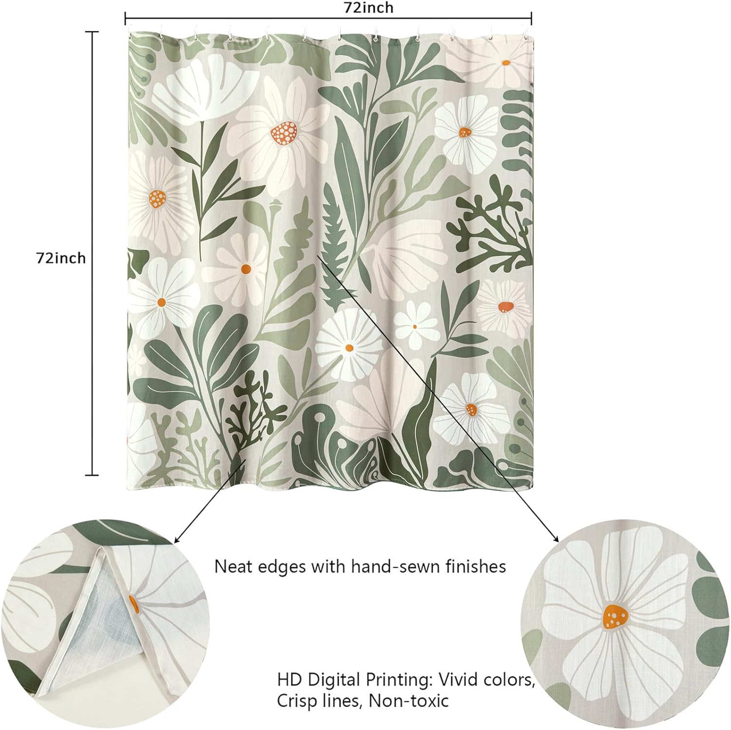 RoomTalks Cute Green Faux Linen Shower Curtain for Aesthetic Bathroom Decor - 210GSM Heavy Duty Modern Floral Matisse Spring Summer Flowers Plants Botanical Shower Curtain Set with Hooks
