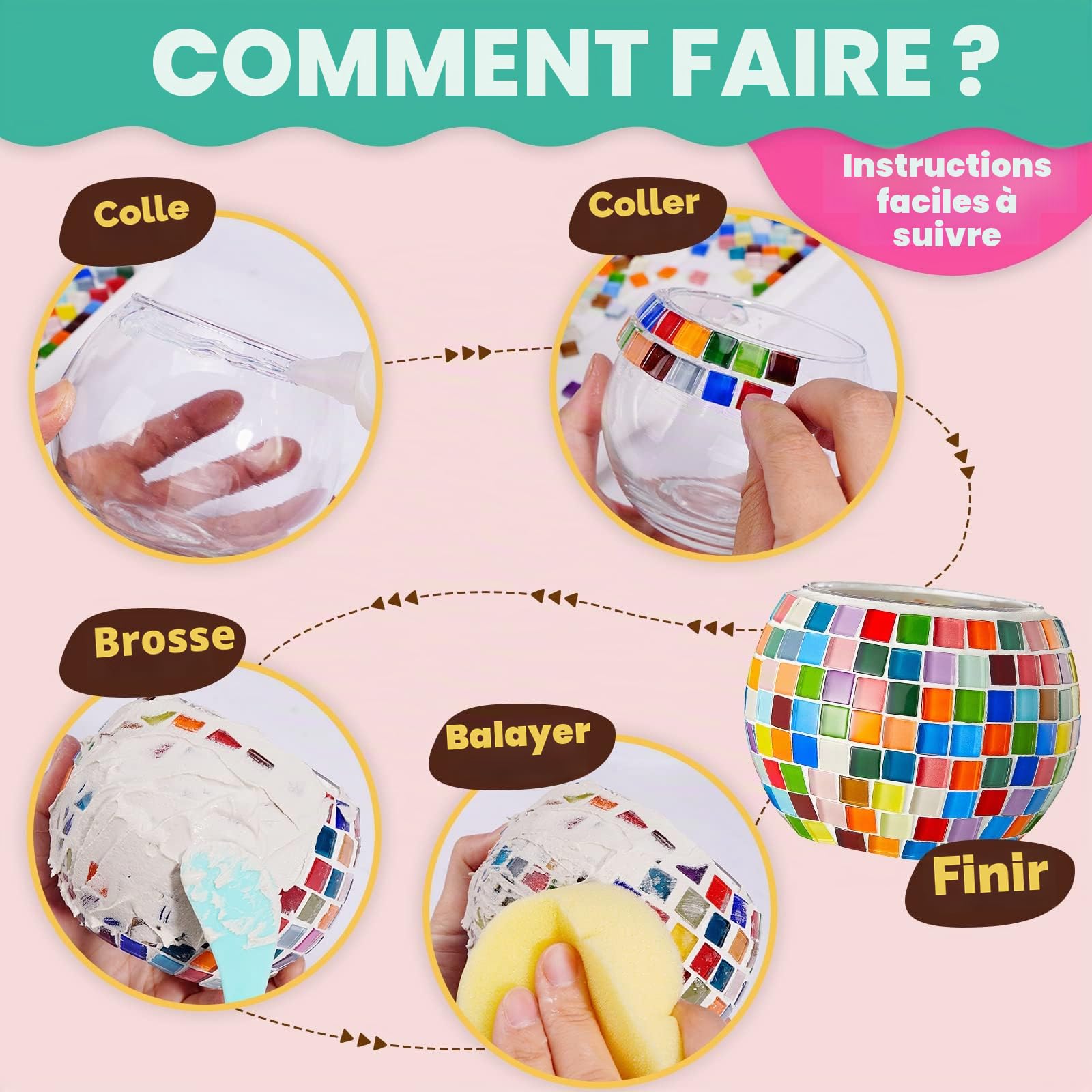 ONE TO FOUR Kit créatif de porte-bougie en mosaïque de verre, loisirs créatifs pour enfants et adultes, bougeoir DIY pour décoration de la maison, kit créatif enfant, cadeau fille 7, 8, 9, 10 ans