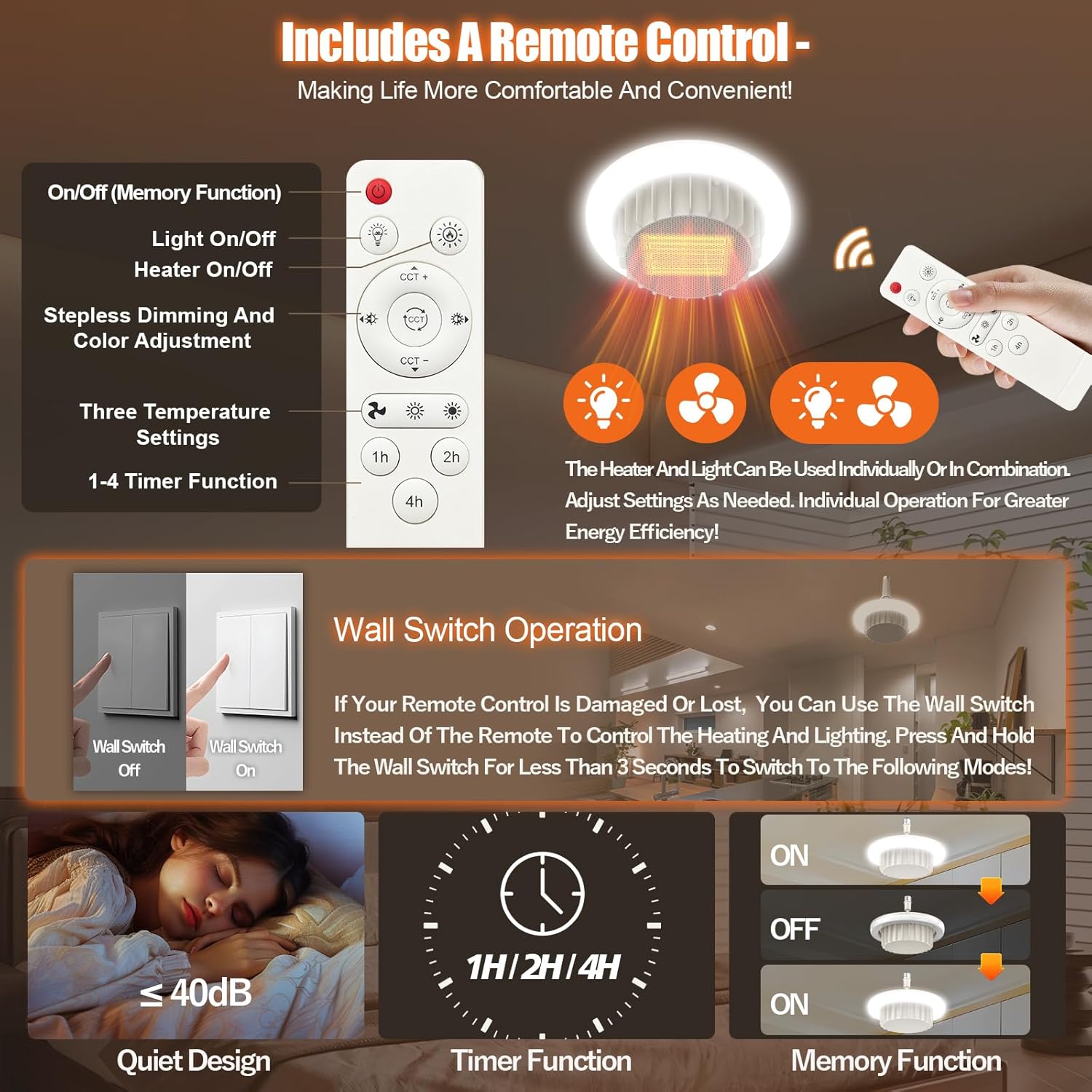 Heating Fan Light 3 in 1 Space Heater,720W Portable Electric PTC Ceramic Heaters,E26 LED Light with 2500lm,3 Modes,300°Oscillation,4H Timer,Remote Control, Overheat Protection, Stepless Color