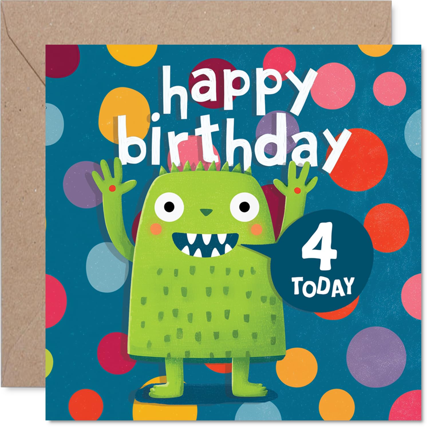 Playful 4th Birthday Card - Monster Mayhem and Birthday Giggles - Cheerful Green Monster with Vibrant Polka Dots - 145mm Square, Envelope Included