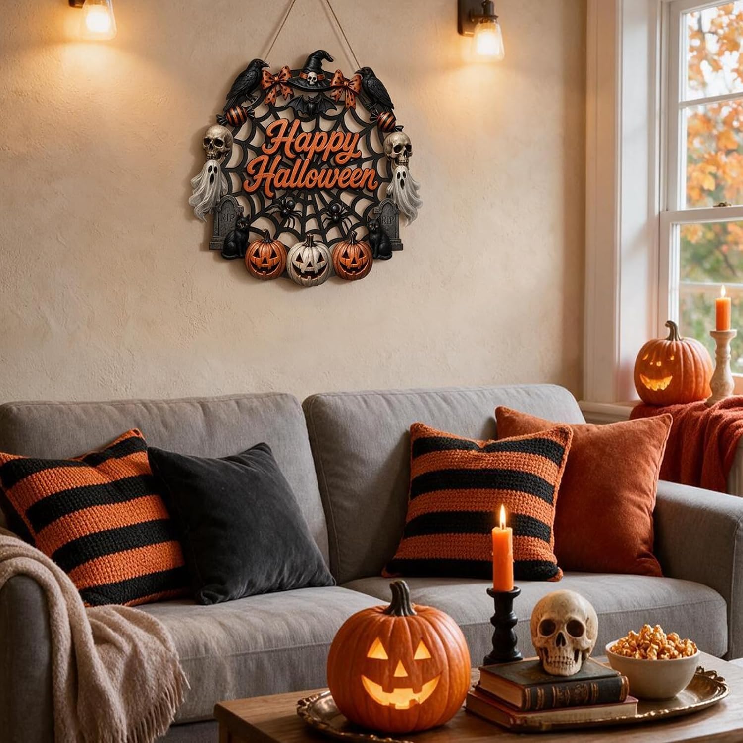 Halloween Front Door Wooden Wreath Sign Home Party Decoration