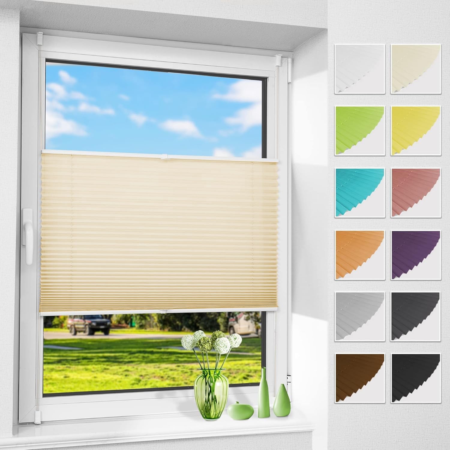 Allesin Plissee ohne Bohren Plissees Klemmfix Creme 70x120cm(BxH), Plisseerollo Faltrollo mit Klemmträger, Jalousie Rollos für Fenster und Tür, Sichtschutz und Sonnenschutz