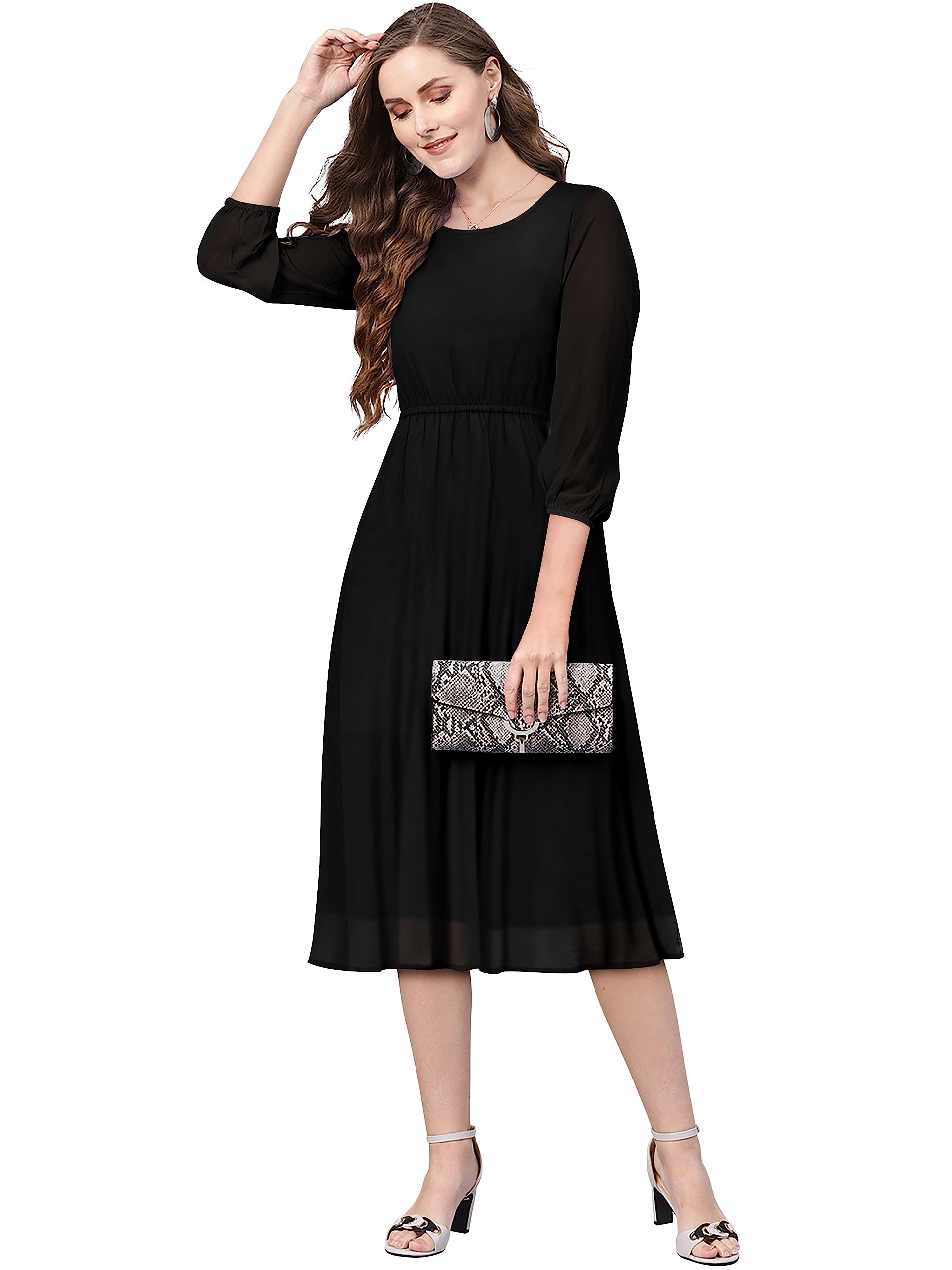 Toochki Women's Black Georgette Solid Fit & Flared Western Dress | Dress For Women | A Line Dress | Winter Dress | Western Dress | Latest Women Dress | Trendy Dress | Midi Dress