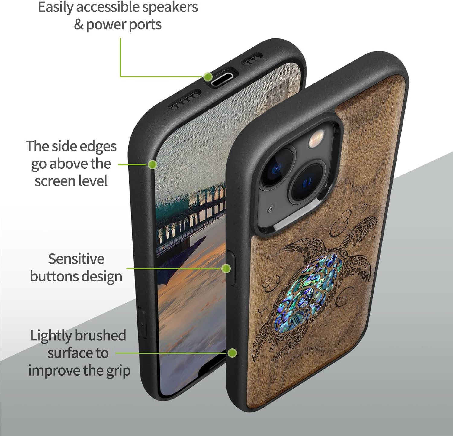 Carveit Designer Wooden Magnetic Protective Case for iPhone 14 Case [Wood Engraving & Shell Inlay] Compatible with iPhone 14 MagSafe (Sea Turtle-Walnut)