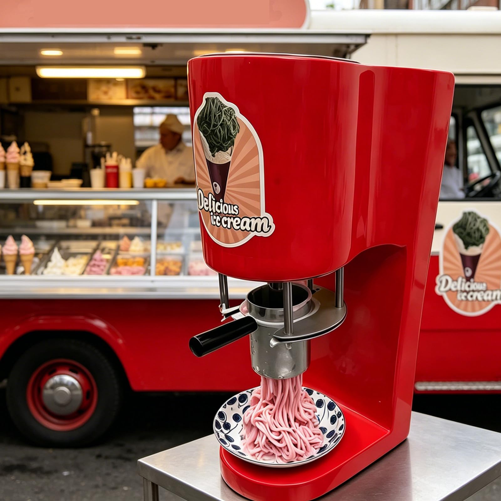 Máquina Comercial para Hacer Helado De Espagueti De 80 W, 7.4-7.9 Galones/Hora De Helado, con 4 Moldes De Formas, para Tiendas De Bebidas, Pastelerías, Heladerías Y Restaurantes Red