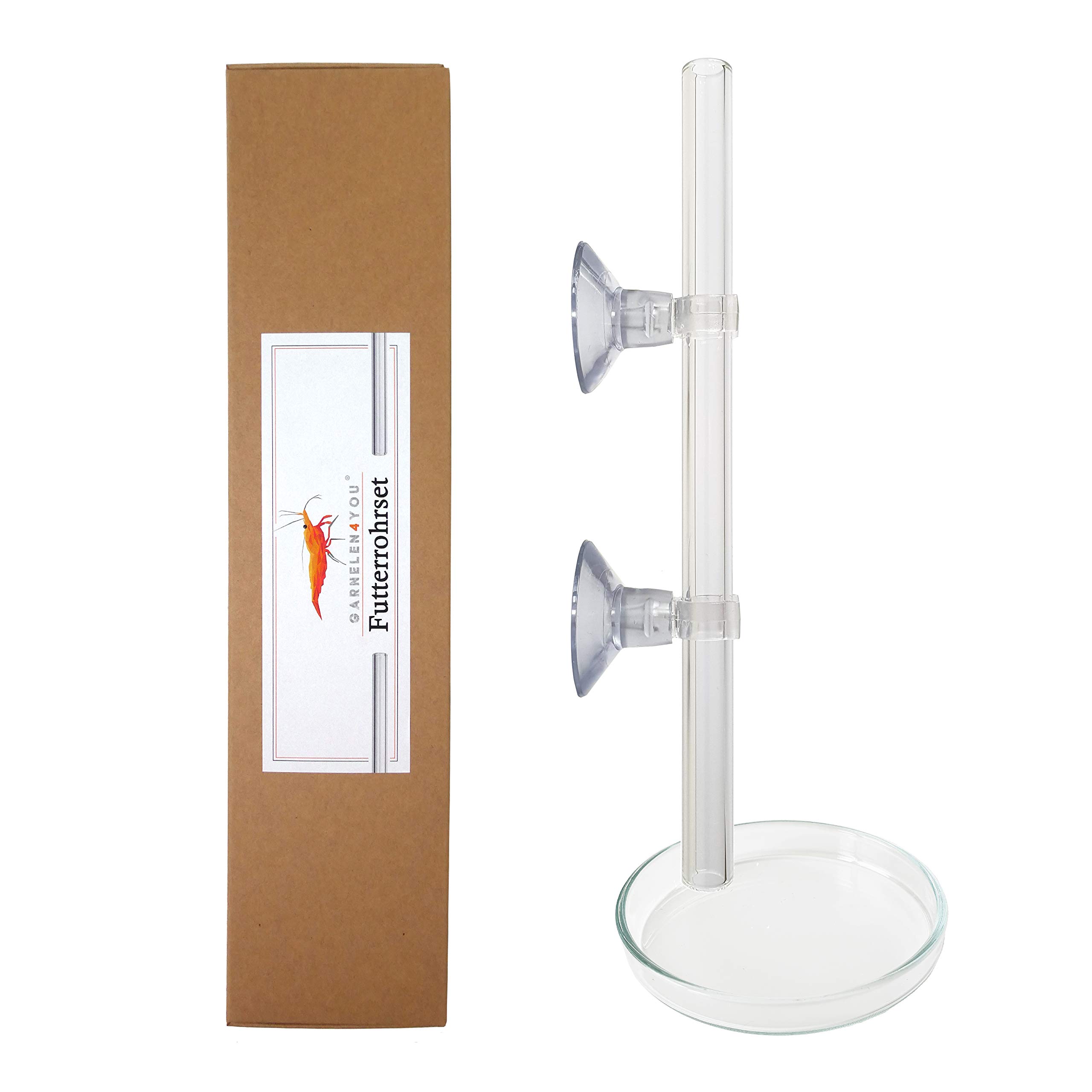 GARNELEN4YOU® Futterrohr-Set aus Laborglas 15,5 cm – Made in Germany – Aquarium Futterrohr mit Futterschale für Garnelenfutter – bruchfestes Glas – Elegantes Design – Shrimp Feeder Tube