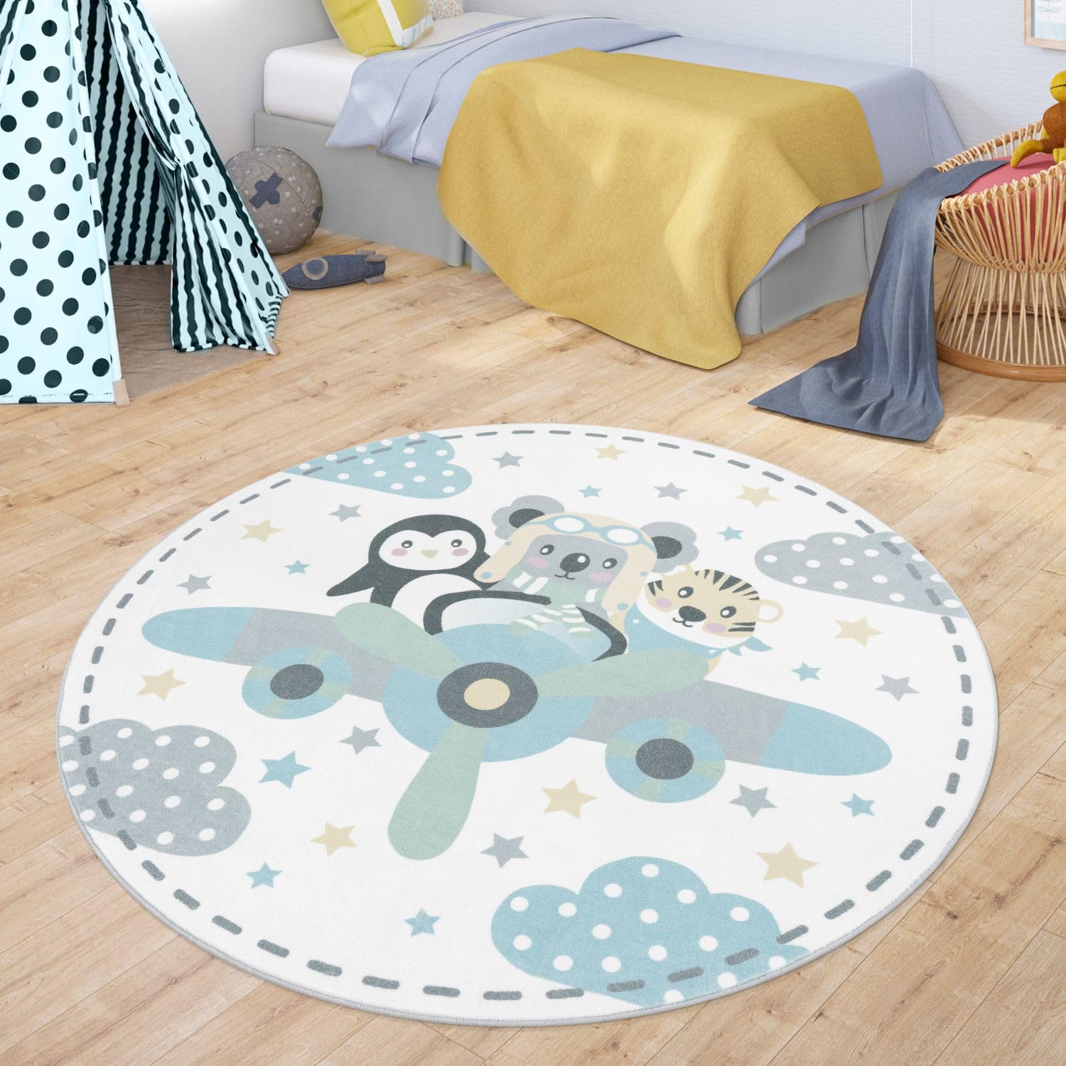 TT Home Runder Teppich Kinderzimmer Kinderteppich Waschbar Tiere Tiger Koala Bär Pinguin, Farbe:Beige, Größe:200 cm Rund