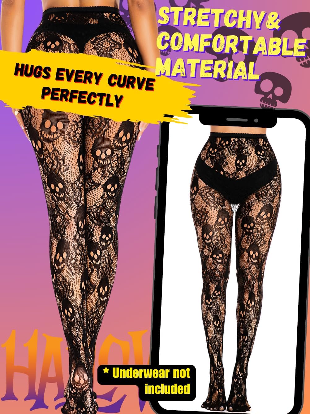 Goth Tights For Women,Sheer Mesh Skull Fishnets Leggings,Patterned Sexy Stockings Halloween Costume Black - Image 3