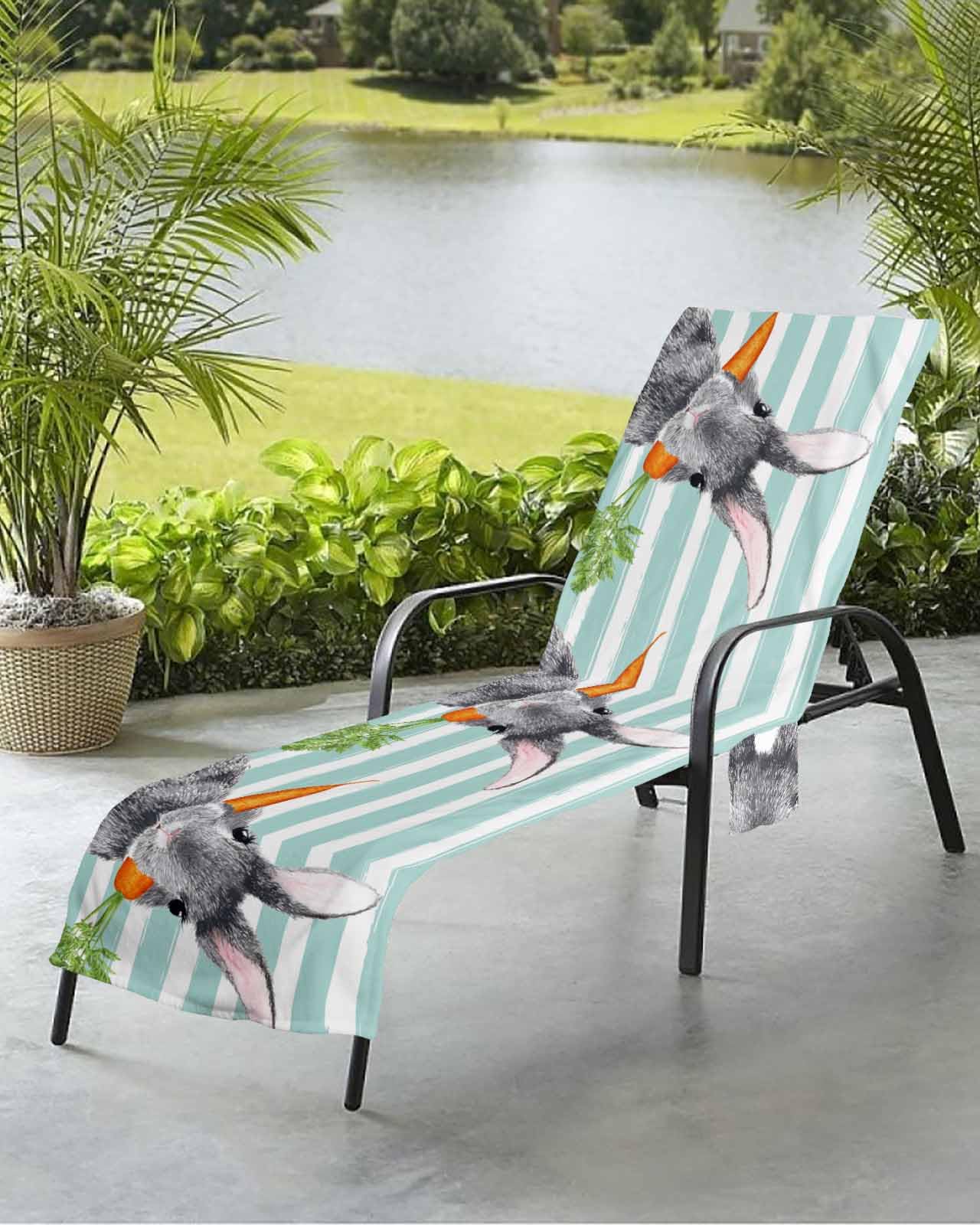 Easter Beach Chair Towel Covers for Chaise Lounge with Side Pocket, Soft Plush Pool Towels Cover for Patio Sunbathing Outdoor 29''x85'' Black Easter Bunny Carrots Stripes Turquoise White