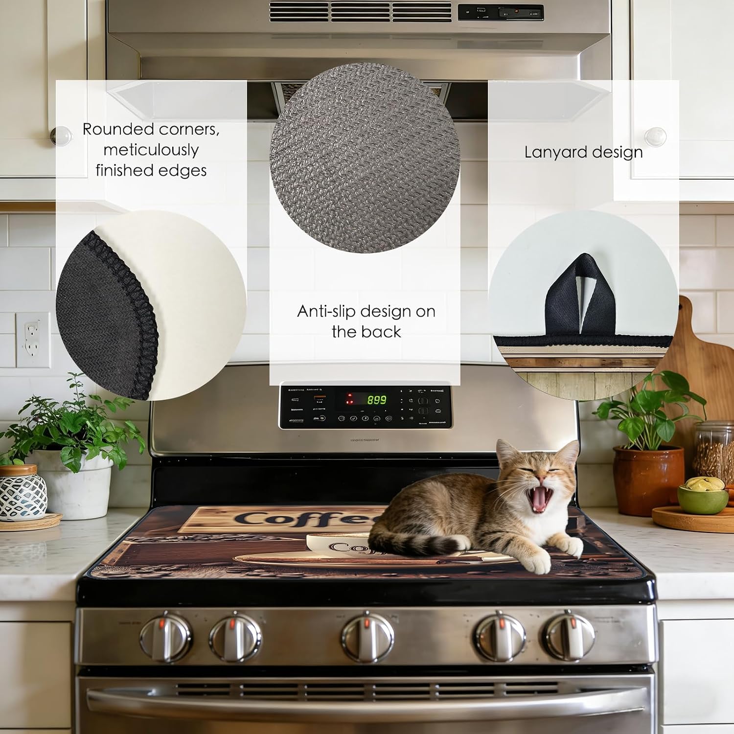 Nuxovilar Stove Top Cover Stove Cover - Coffee-Themed Decor Pattern, Polyester Diatomaceous Earth Mixture 28.65x20.47inch, Glass Top Protector, Kitchen Accessory, Kitchen, Dining Nook, Coffee Bar