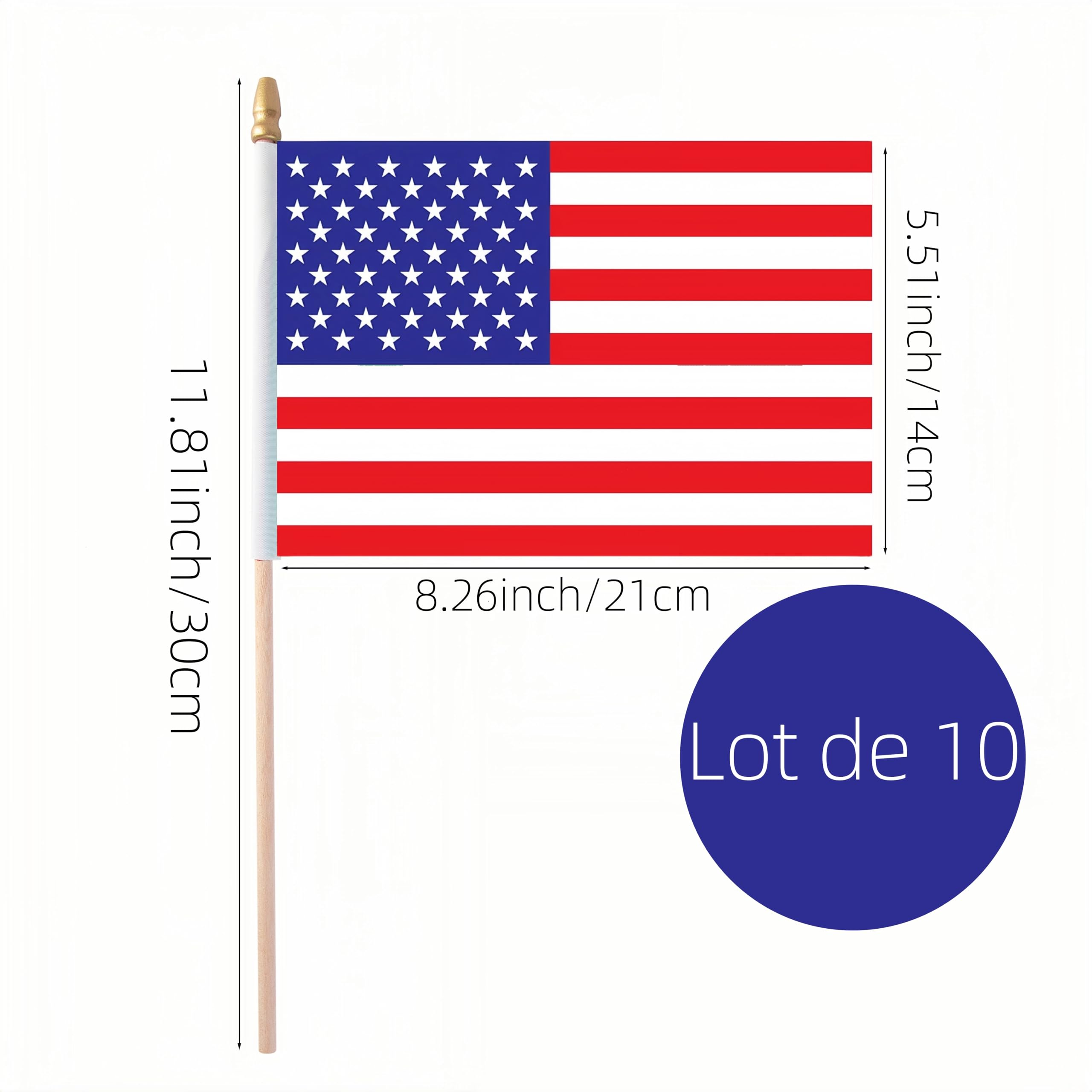Lot De 10 Petits Drapeaux USA Sur Bâton En Bois - 14x21 Cm, Impression UV Vive - Pour Fête, Défilé, Décoration