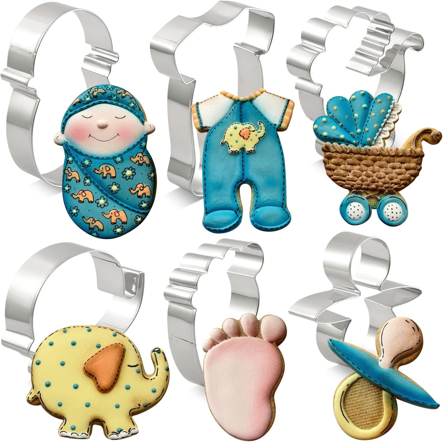 KENIAO Baby Shower Cookie Cutter Set - 6 Piece - Footed Pajama, Baby Carriage, Elephant, Swaddled Baby, Footprint and Pacifier Fondant Biscuit Cutters - Stainless Steel