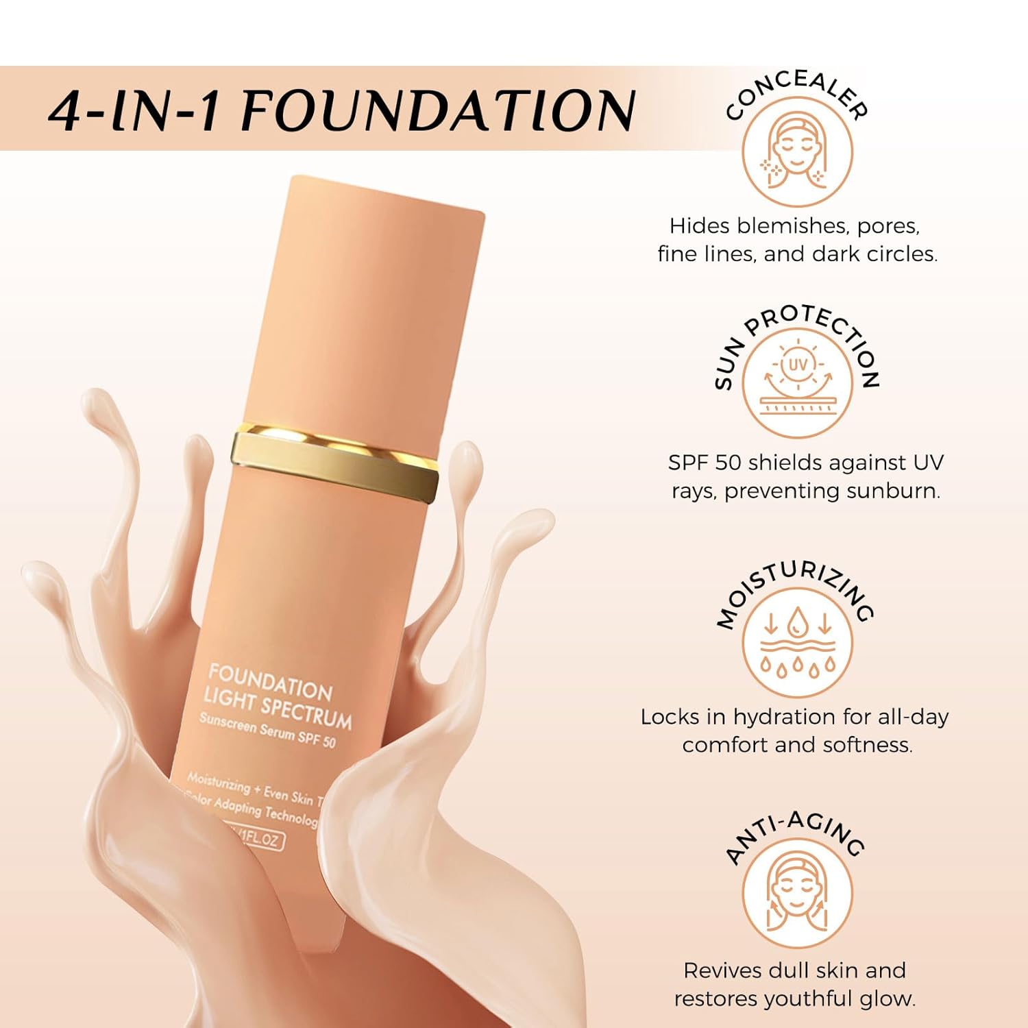 2 Pack Bio Foundation 4 in 1 Light Spectrum, Anti-Wrinkle Color Changing Full Coverage Concealer Foundation, SPF50+ Long-Wearing & Waterproof for Sport, Dancing, Outside-30ML - Image 7