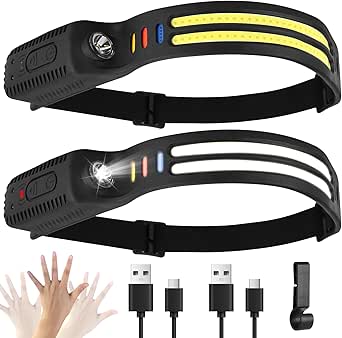 Pannlampa LED uppladdningsbar 2 stycken, 2000 lumen, jätteljus vitt ljus intelligent sensor, 9 ljuslägen 4 färger IPX4 vattentät 0,09 kg lätta pannlampor för löpning, camping, fiske