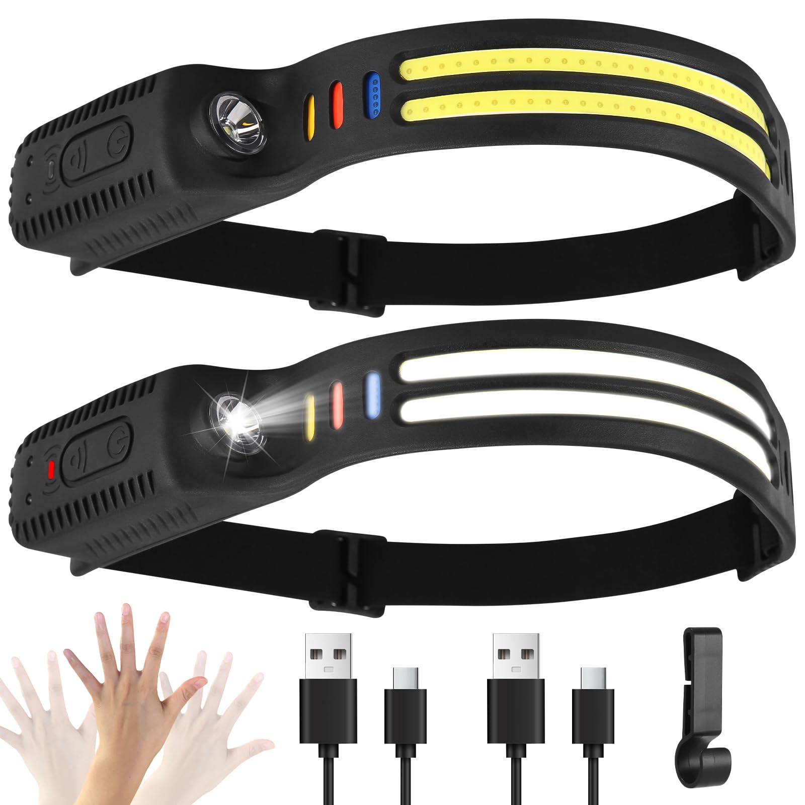 Lampada Frontale LED Ricaricabile Ultra Sottile 2 Pezzi – 1500 MAh, Sensore Intelligente, 9 Modalità, Impermeabile, Per Corsa E Campeggio